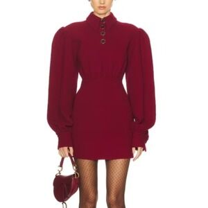 Rowen Rose Mini Polo Dress Bordeaux Red Double Crepe Wool Puffy Sleeve 40/M  NEW
